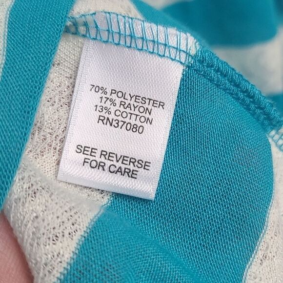 Versona XS Turquoise Rosette Lace Stripe Tunic Blouse Sharkbite Hem Scoop SS Top - Picture 7 of 8